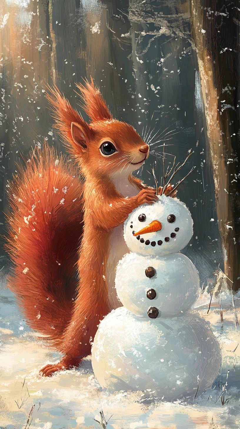Esquilo vermelho curioso com boneco de neve em uma floresta de inverno dos sonhos