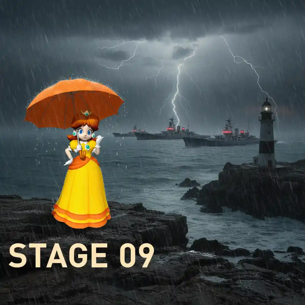 Princess with orange parasol on a stormy seaside headland