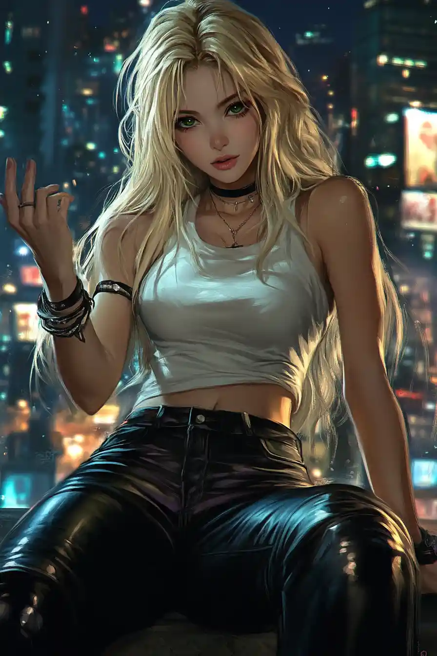 Blonde girl in white top reaching out on a night street