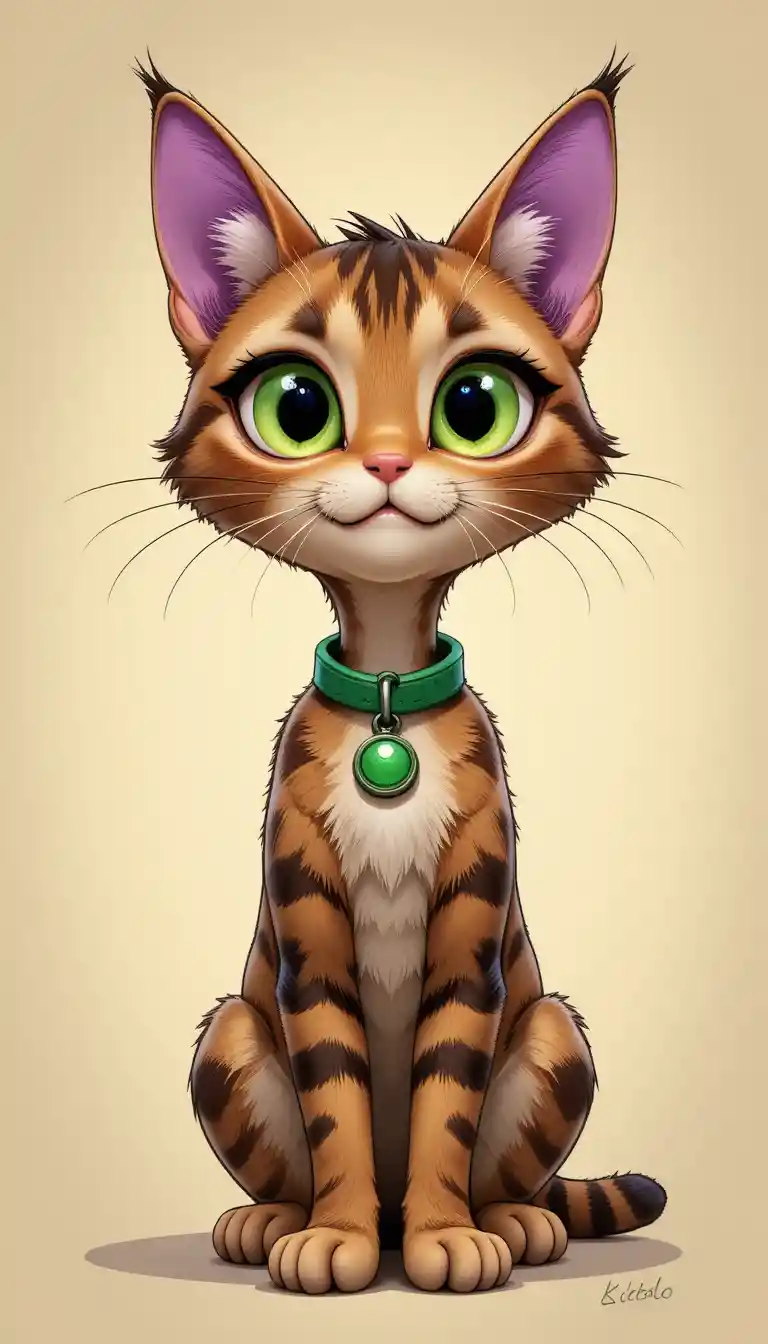 Cartoon cat with green eyes and collar on beige background