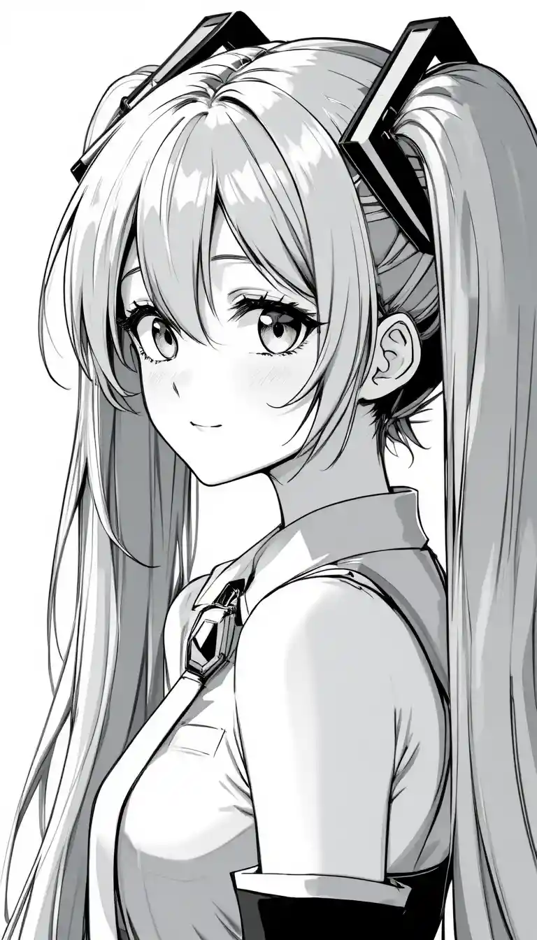 Fille d’anime souriante en line art monochrome de profil