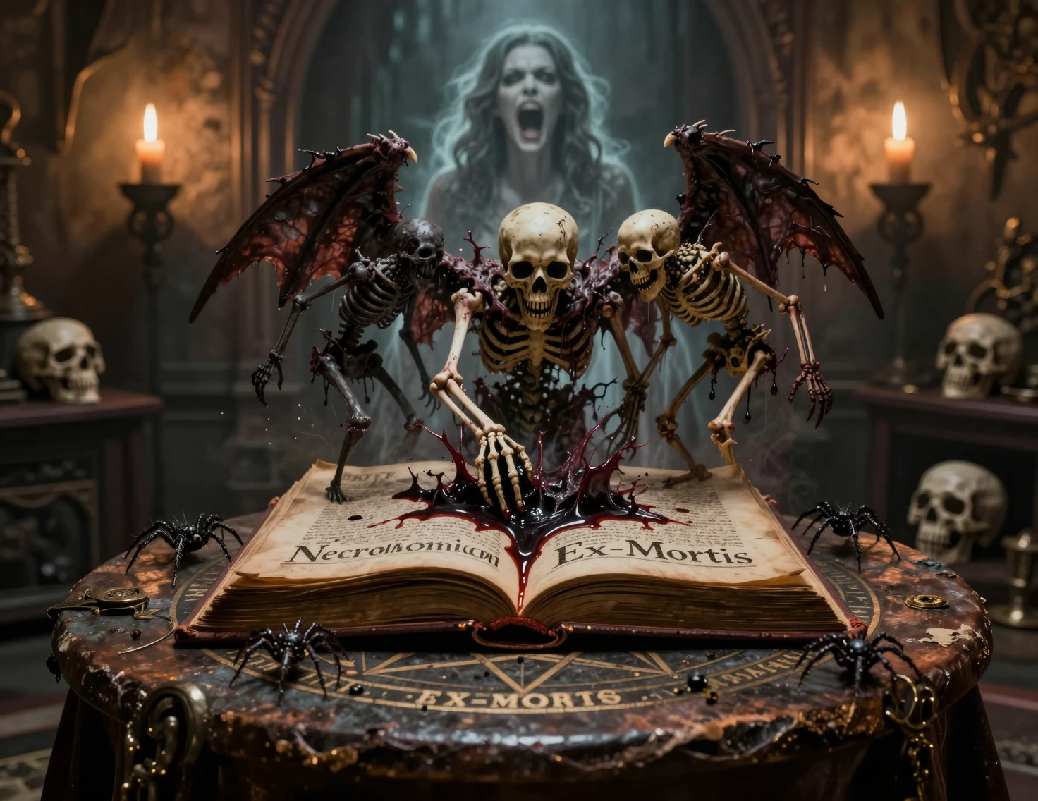 Libro maledetto su un tavolo con pentagramma in una stanza buia illuminata da torce