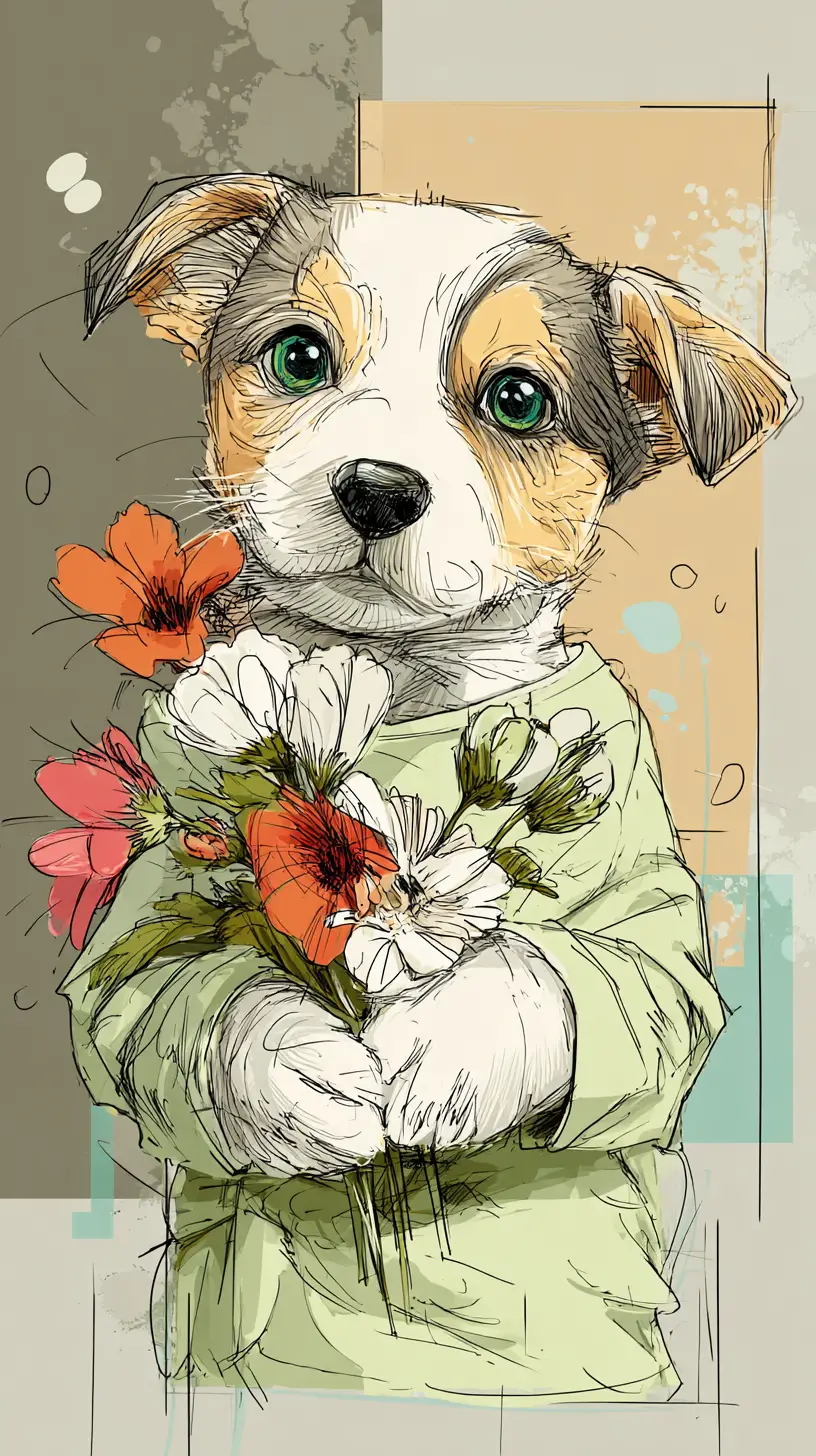 Illustrazione di cucciolo carino con bouquet di fiori colorati