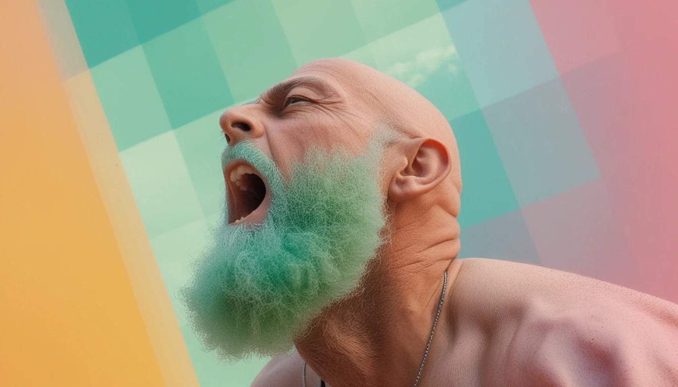 Retrato surreal em close de um menino com barba em forma de nuvem