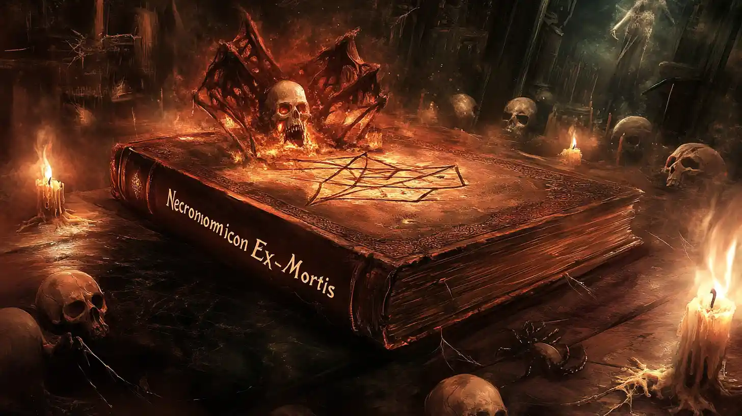 Verfluchter Necronomicon auf Pentagramm-Tisch in dunklem Raum