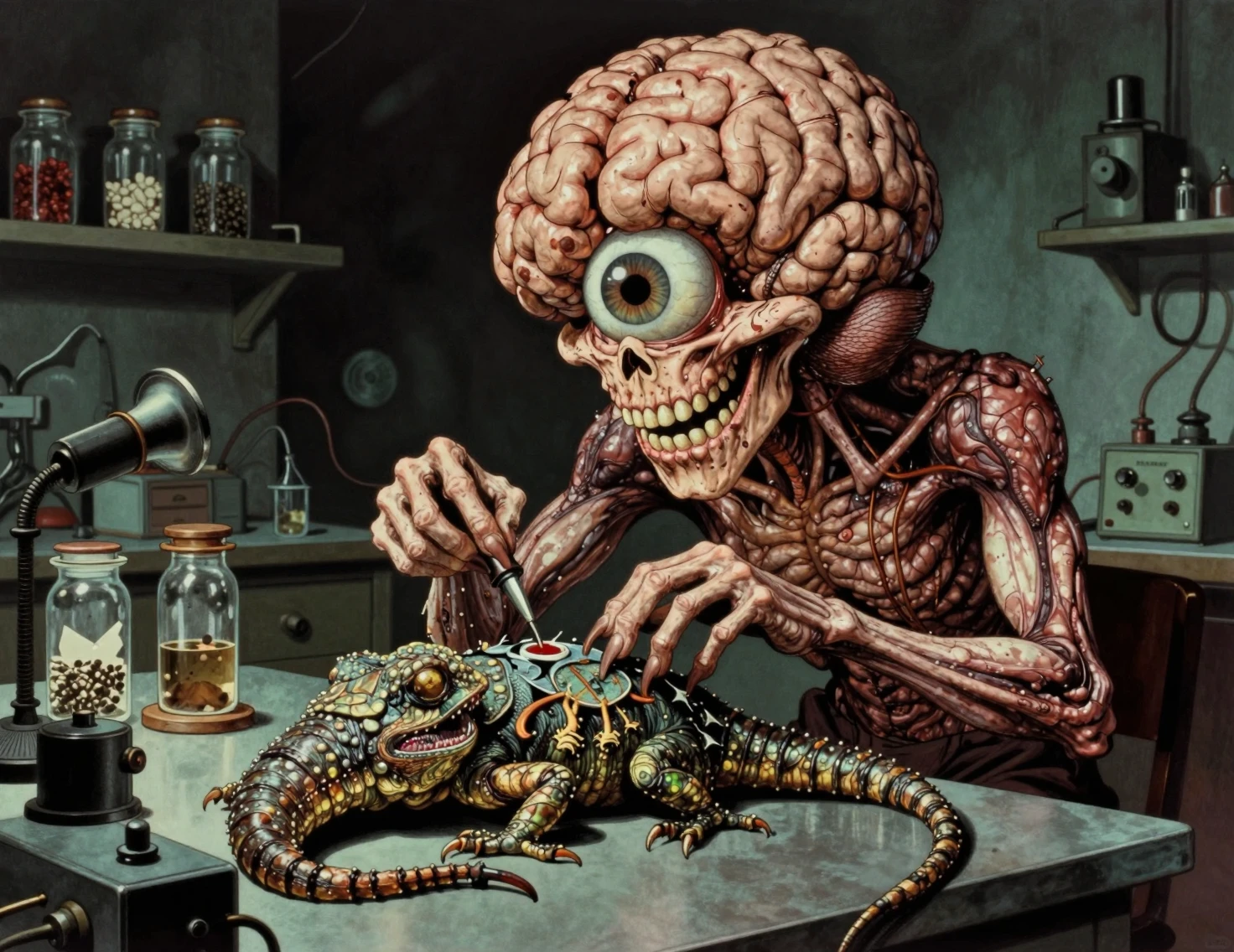 Monstro cerebral gigante de um olho só em um laboratório assustador