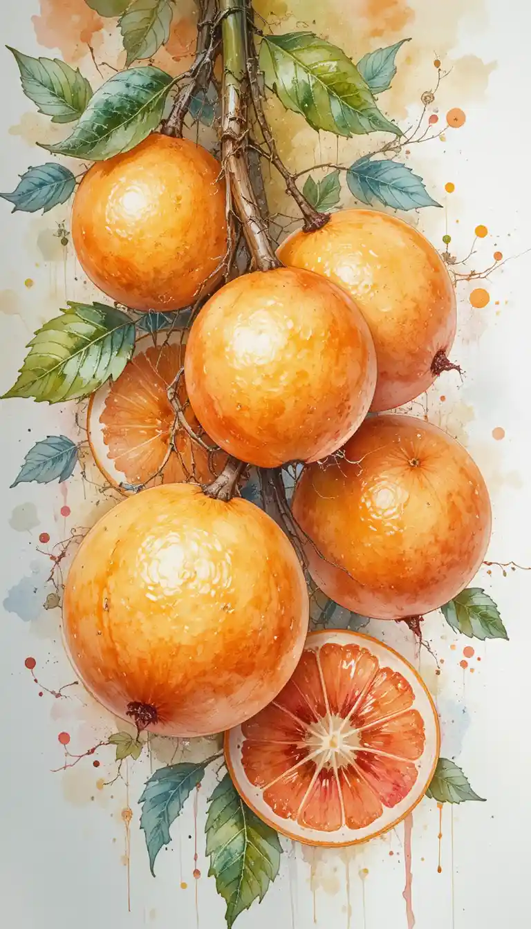 Warm watercolor painting of citrus fruits in soft light