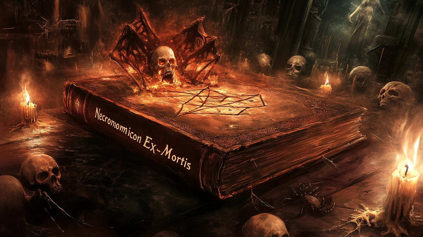 Verfluchter Necronomicon auf Pentagramm-Tisch in dunklem Raum