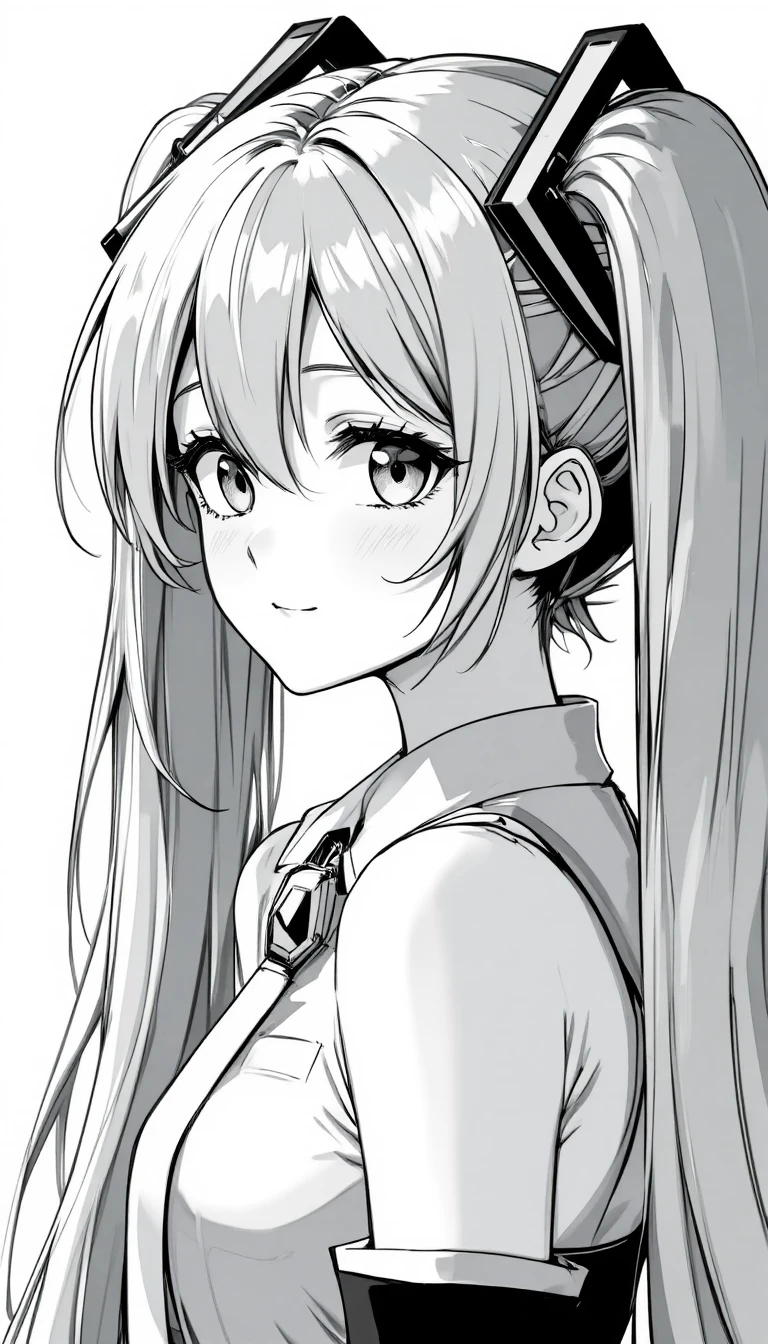 Fille d’anime souriante en line art monochrome de profil