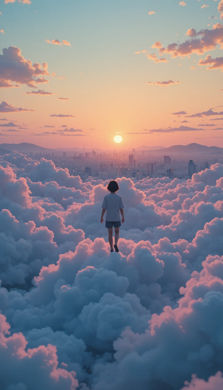 Personne Marchant sur de Doux Nuages dans un Ciel de Coucher de Soleil Pastel