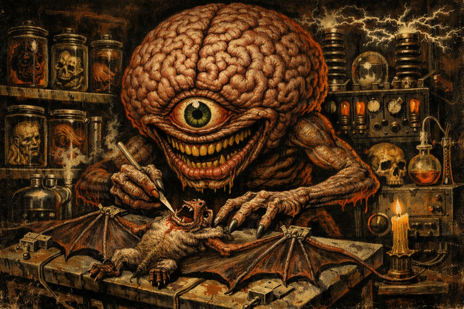 Gigantic One Eyed Brain Monster In A Gothic Lab