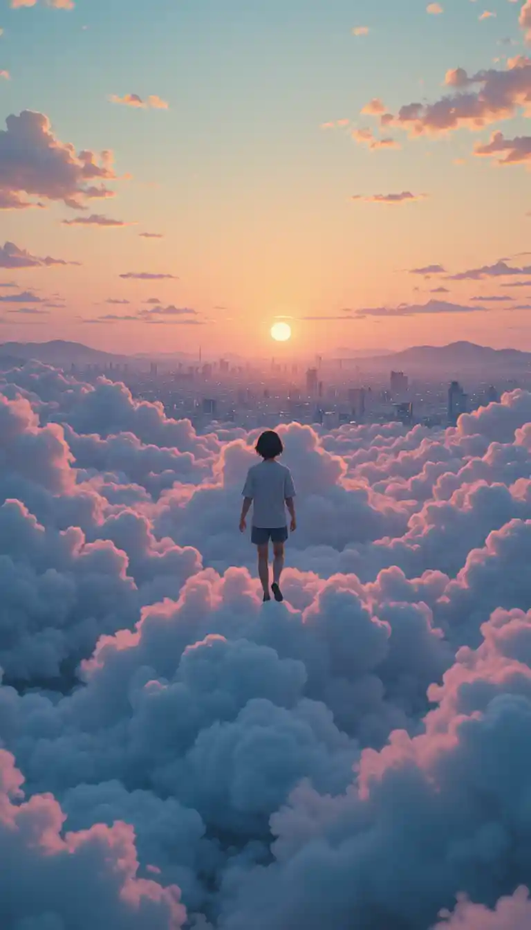 パステルな夕焼け空の柔らかな雲の上を歩く人