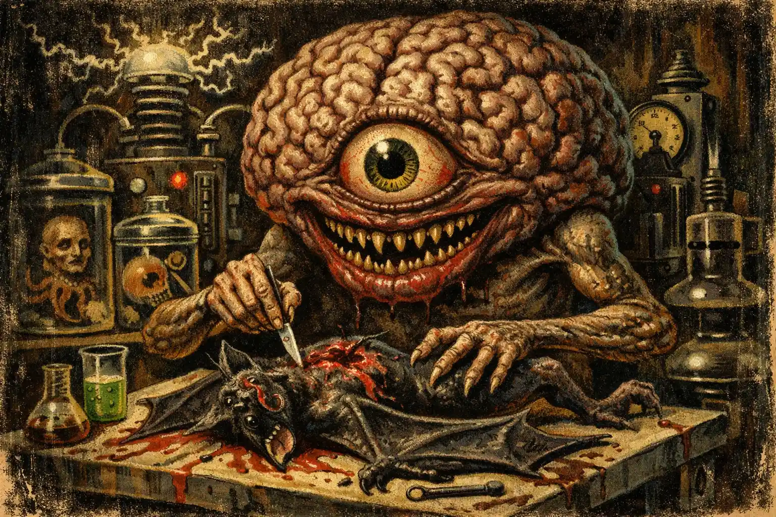 Grotesque Giant Brain Monster In A Gothic Horror Laboratory