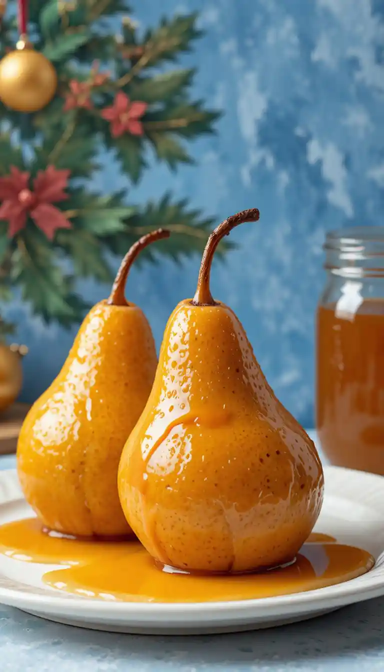Glasierte Birnen mit Honig auf einem weißen Teller zu Weihnachten
