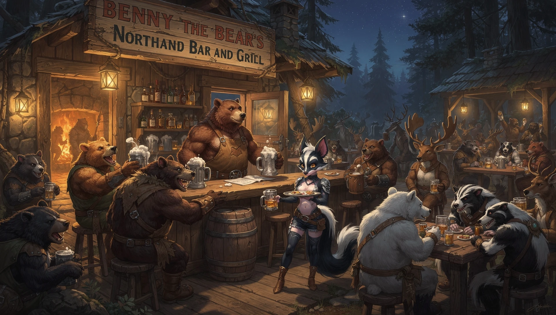 Ursos de fantasia bebendo juntos em uma taverna rústica na floresta