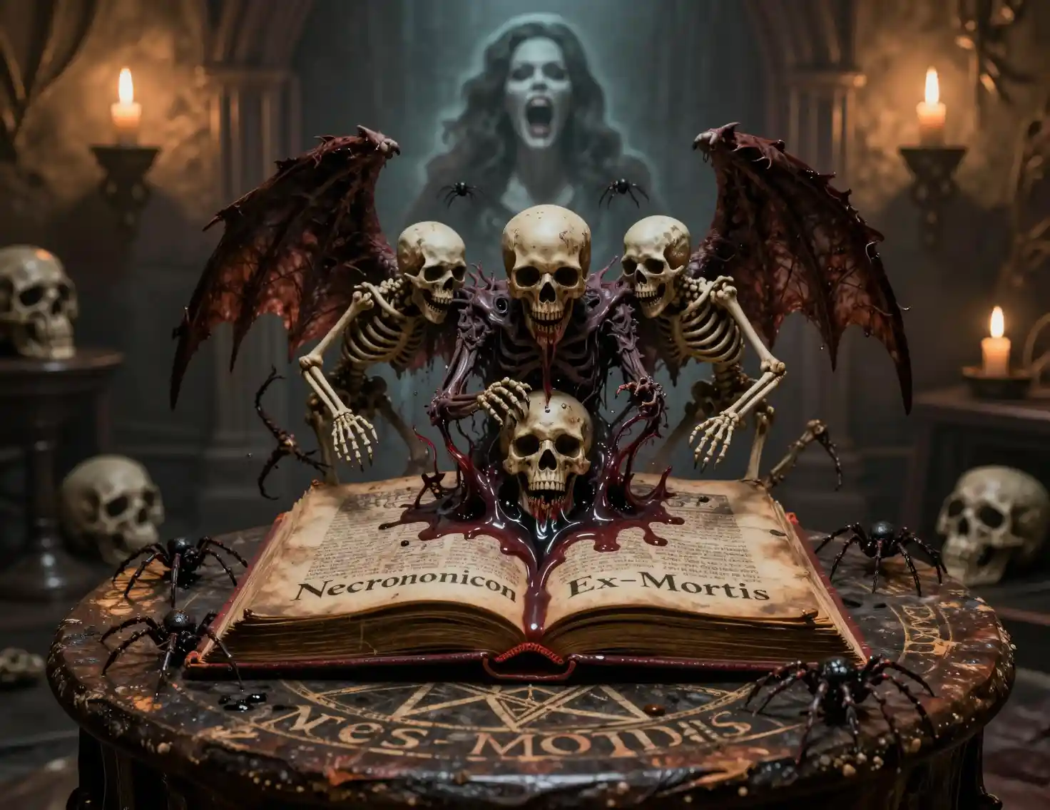 Ancien livre maudit sur une table au pentagramme dans une pièce sombre