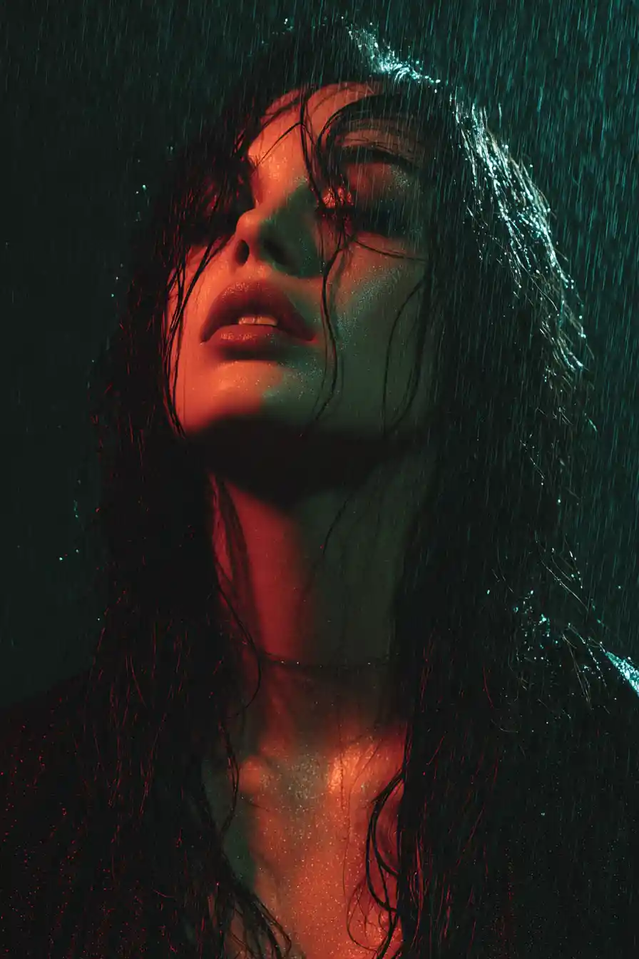 Young woman drenched in night rain under faint overhead glow