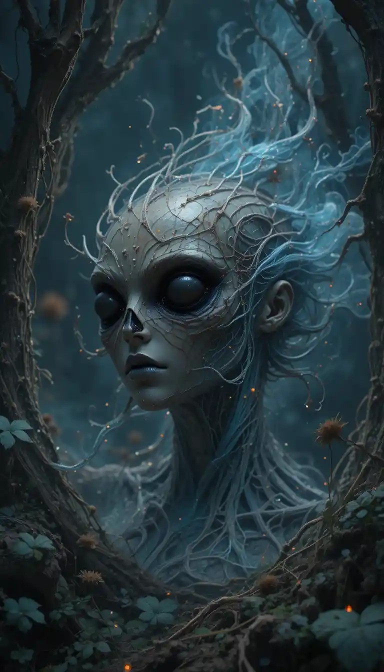 Terrificante presenza aliena in una cupa scena di studio sci-fi