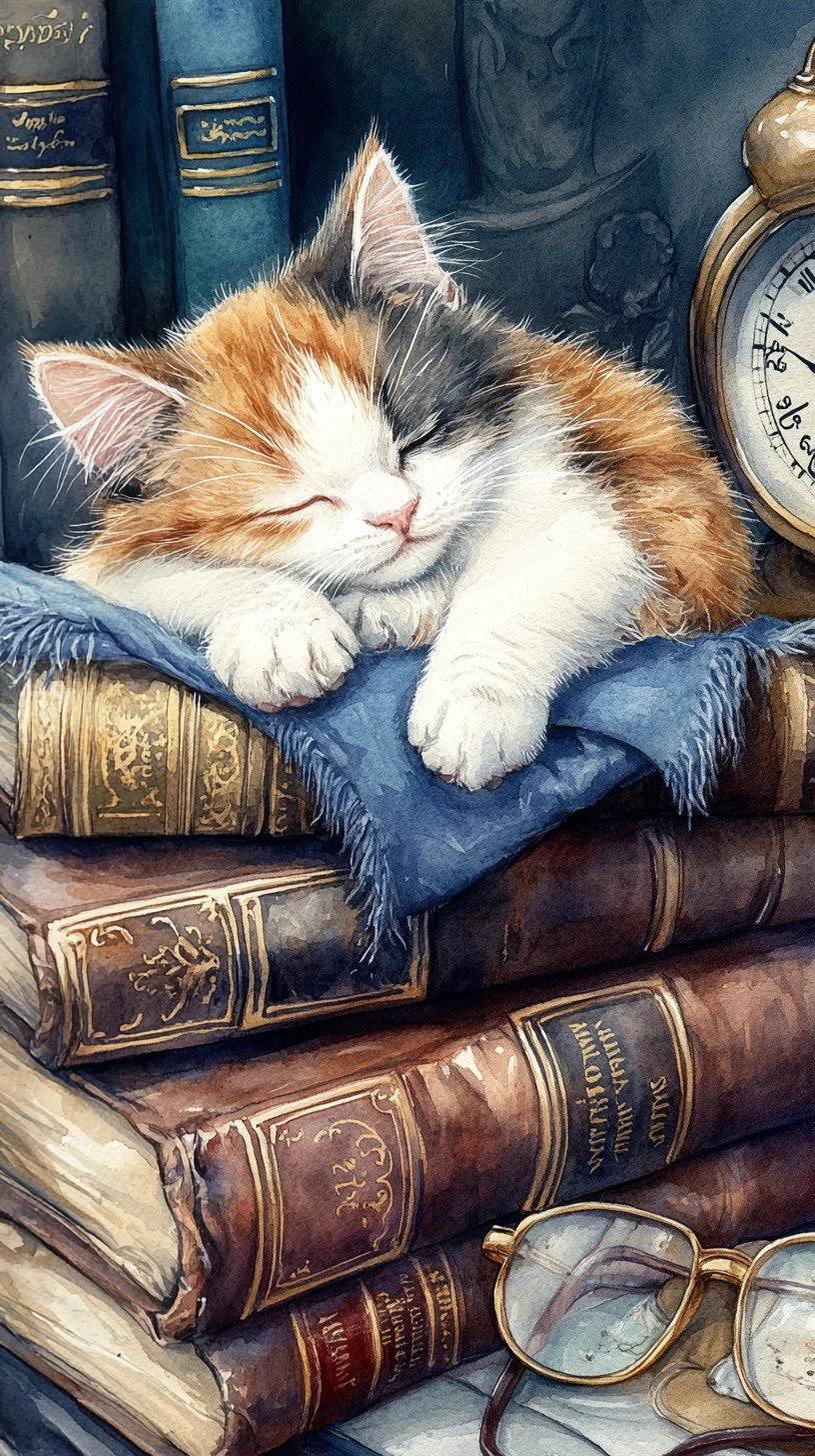 Gatinho tricolor dormindo sobre livros vintage em aquarela suave