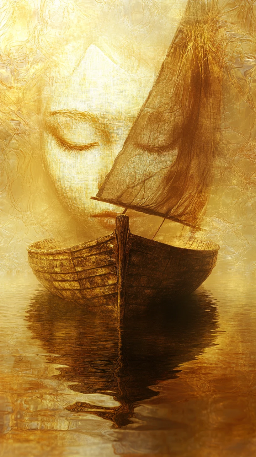 Surreal boat and translucent face on calm glowing water