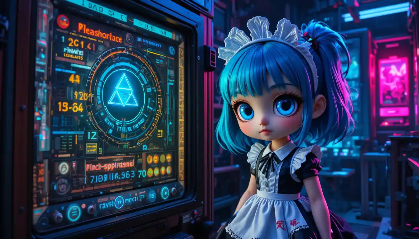 Maid anime junto a un antiguo mainframe de computadora brillante