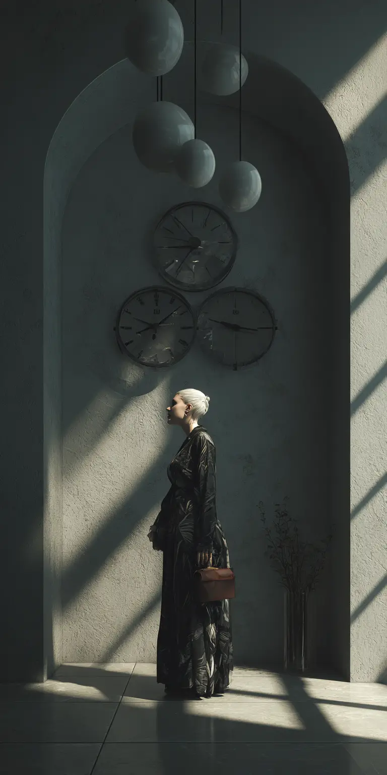 Surrealistische Uhr im Zentrum eines avantgardistischen Innenraums