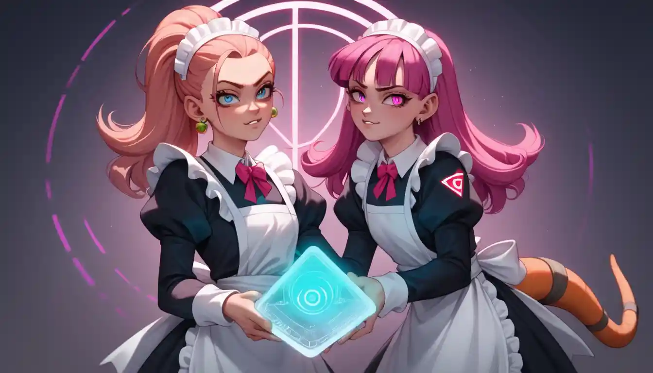 Maid anime junto a un ordenador vintage con datos brillantes