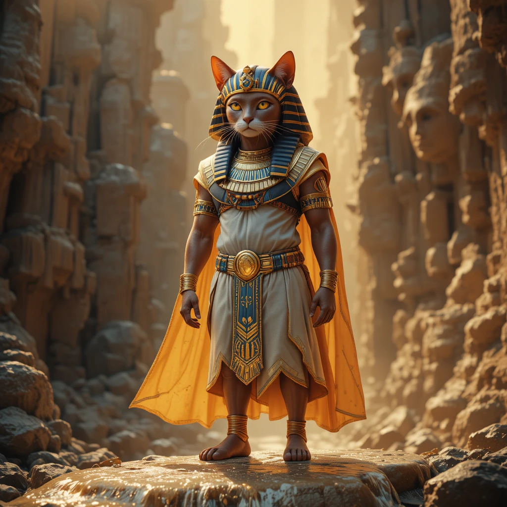 Gato egípcio majestoso em cachoeira brilhante em realismo 3D