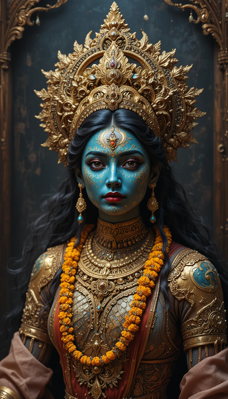 Divine horse between two women in a mythical ashram forest
