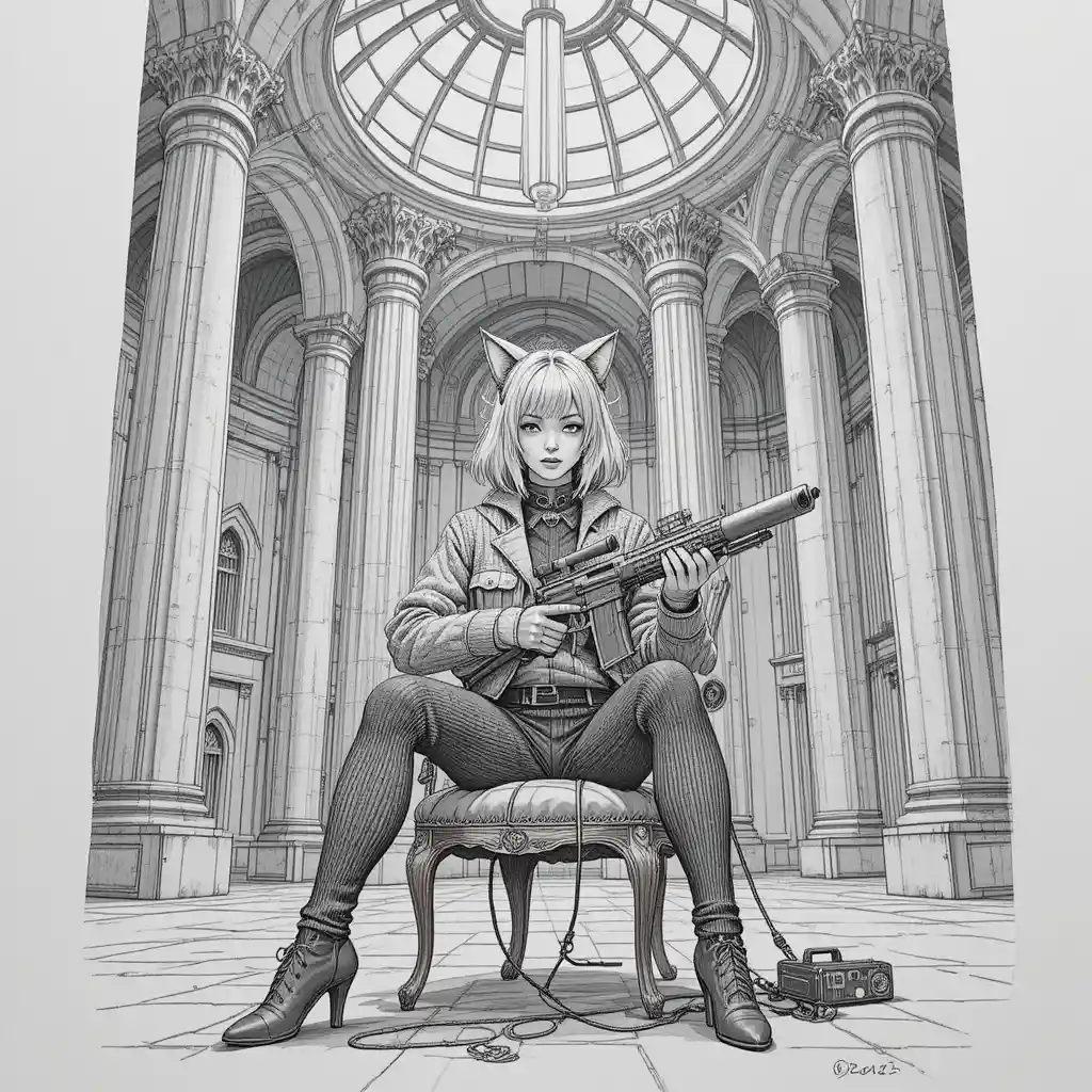 Woman with cat ears holding futuristic weapon in stone hall