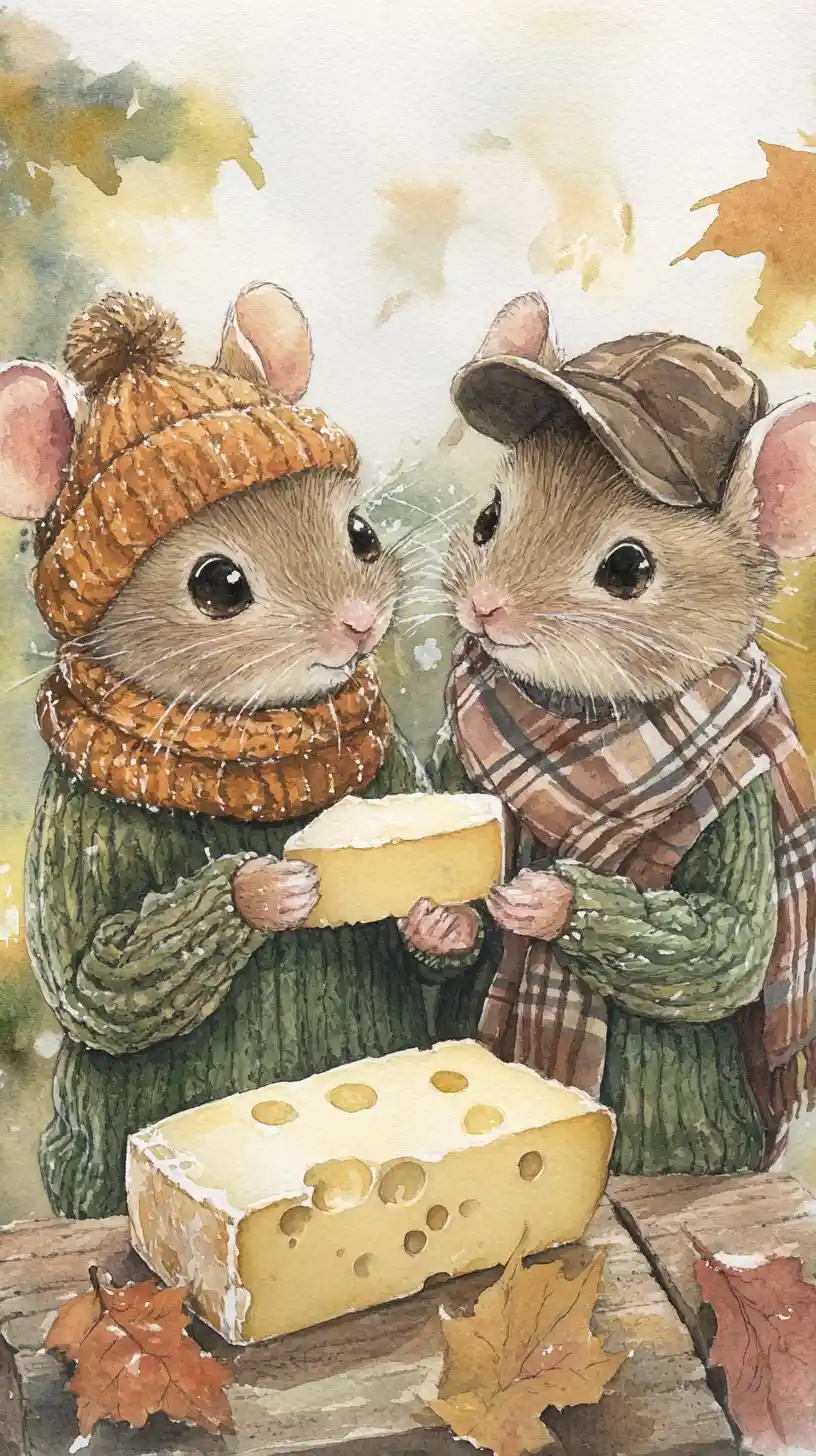 Two cozy mice sharing cheese in a watercolor scene