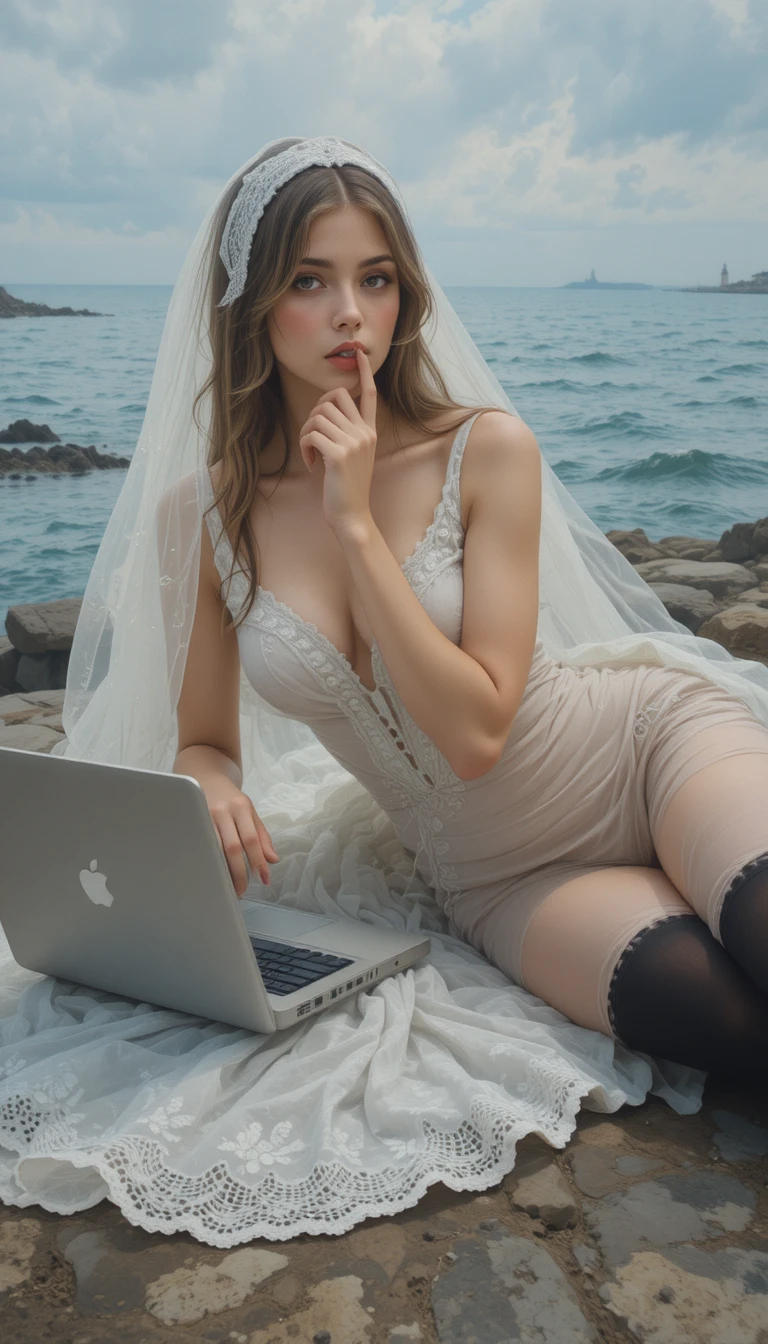 Junge Frau im Hochzeitskleid am Meer mit Laptop