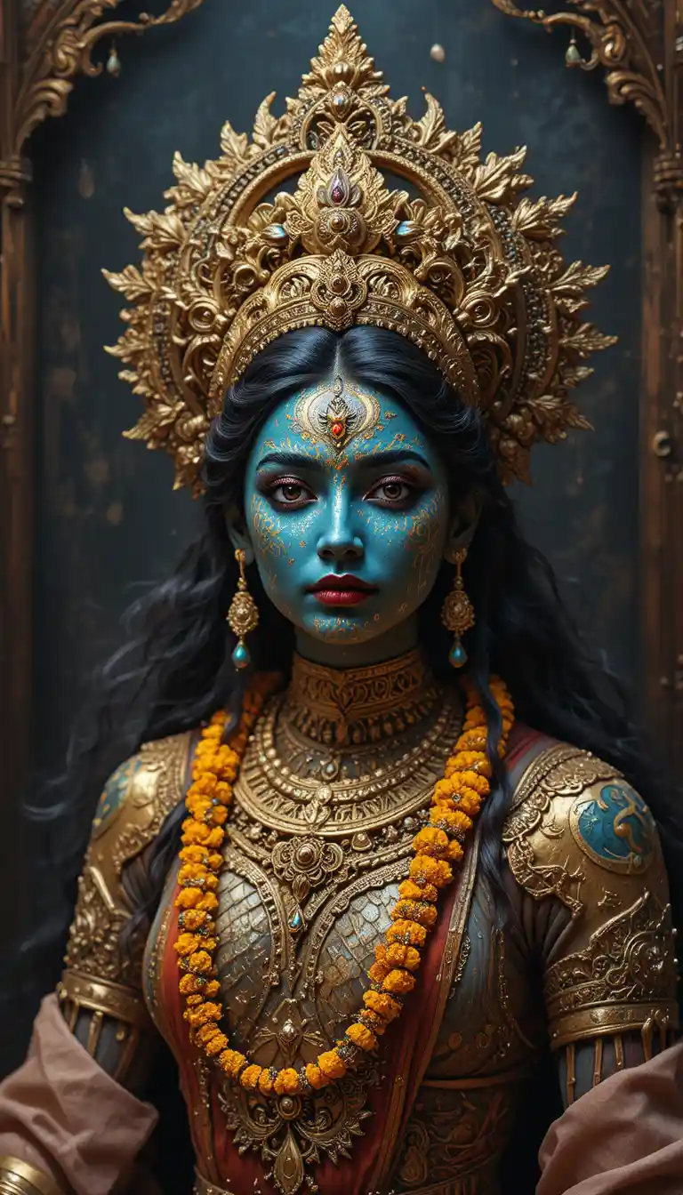 Divine horse between two women in a mythical ashram forest