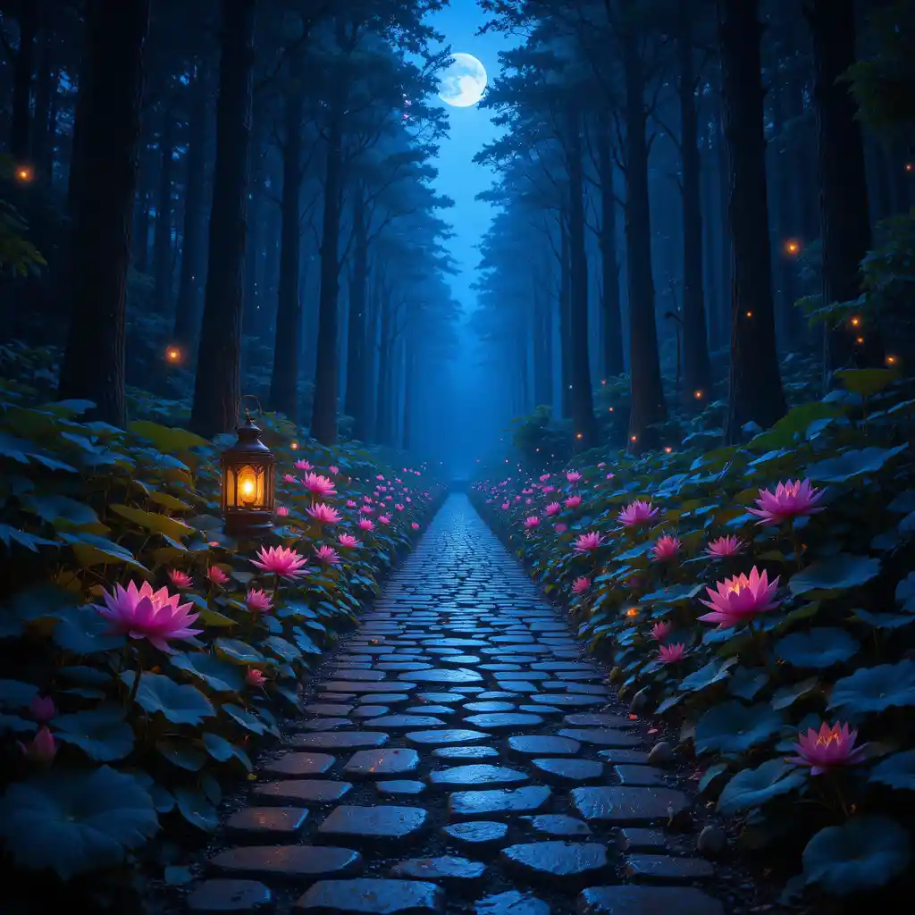 Caminho de pedra iluminado por lanternas levando a uma floresta mística