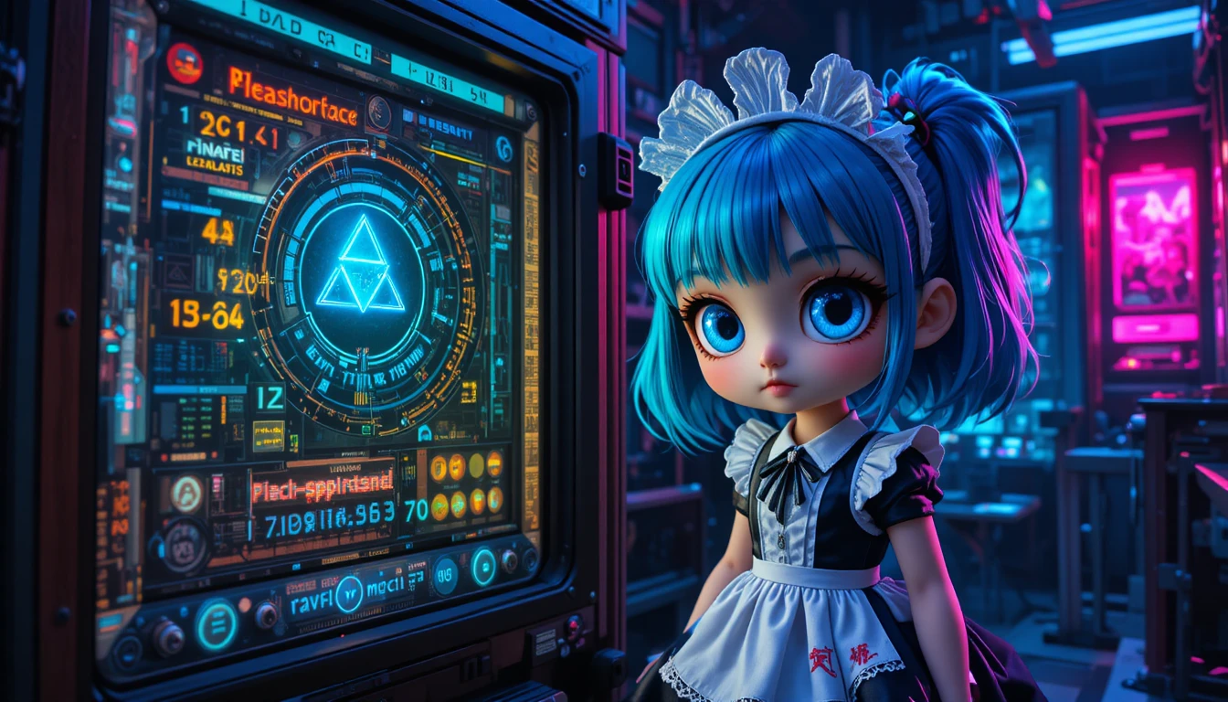 Maid anime junto a un antiguo mainframe de computadora brillante