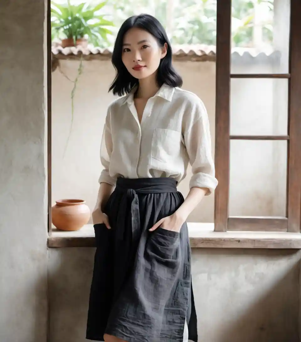 Vietnamese woman in linen outfit in a minimalist earth house