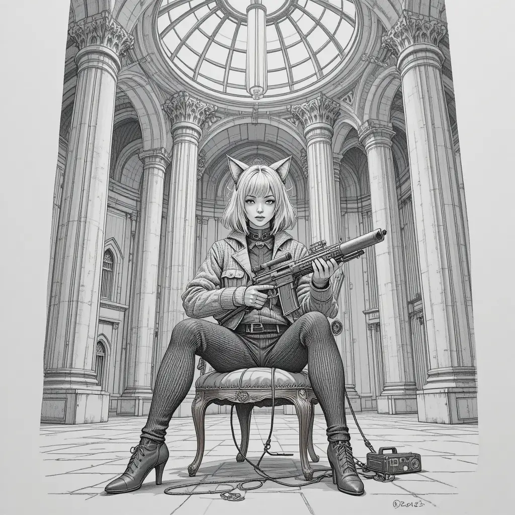 Woman with cat ears holding futuristic weapon in stone hall