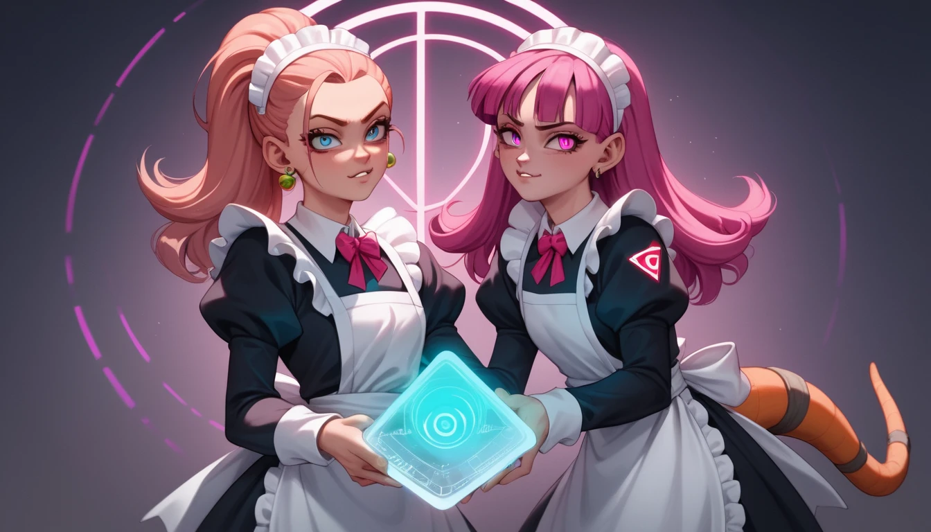 Maid anime junto a un ordenador vintage con datos brillantes
