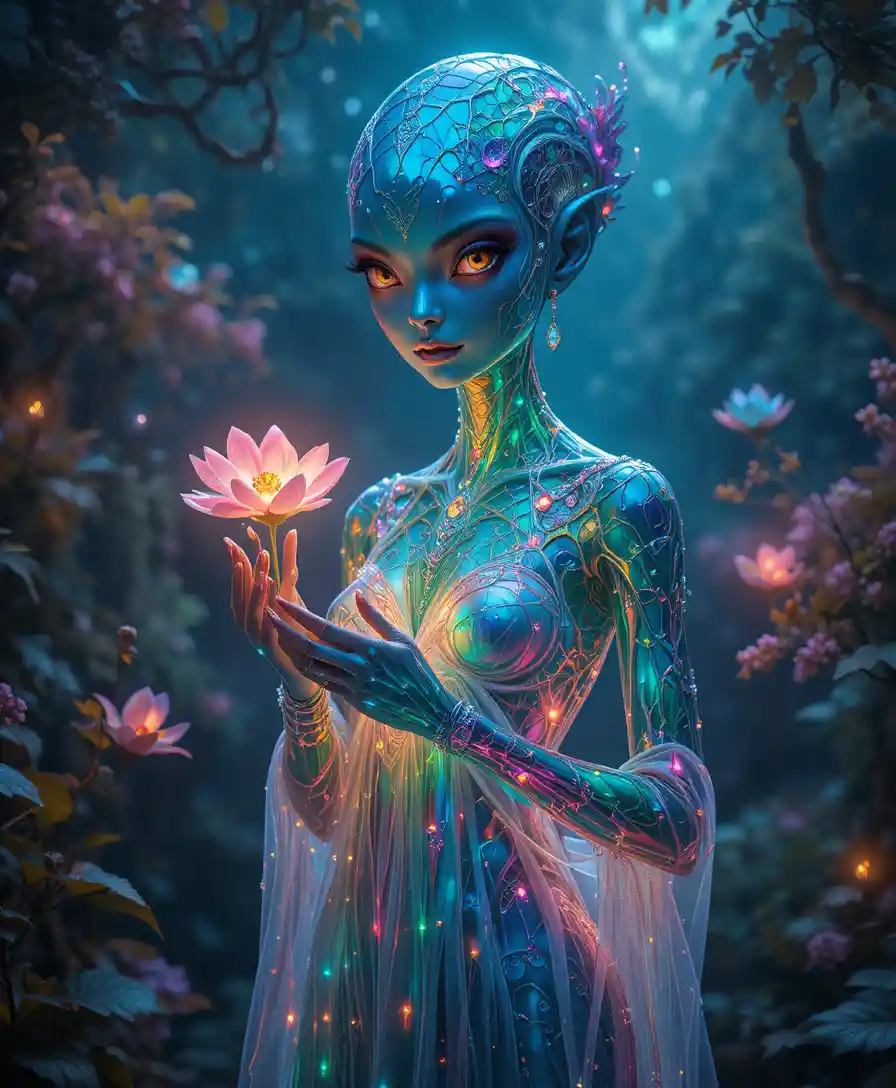 Alien humanoïde serein dans le crépuscule d’une jungle bioluminescente