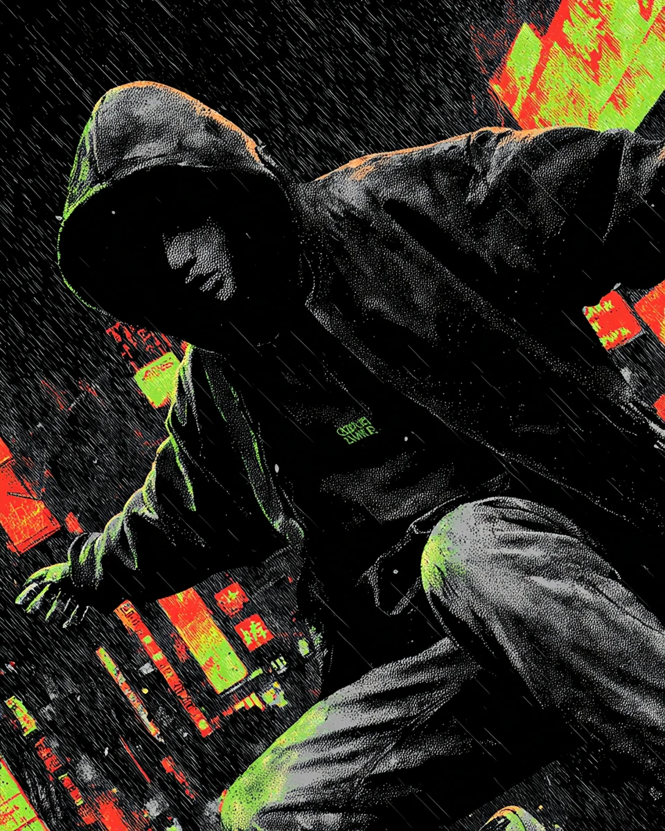 Figura de streetwear rebelde en calle de ciudad iluminada por neón