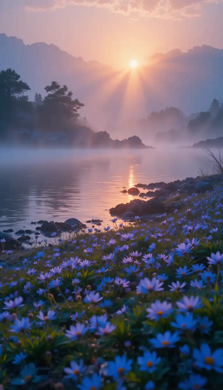 Flores rocosas junto al lago a la cálida luz neblinosa del atardecer