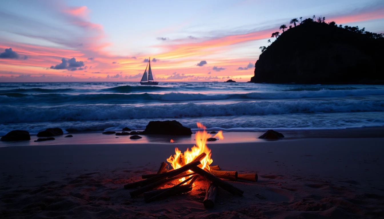 Praia colorida ao pôr do sol com ondas, rochas e veleiro ao longe