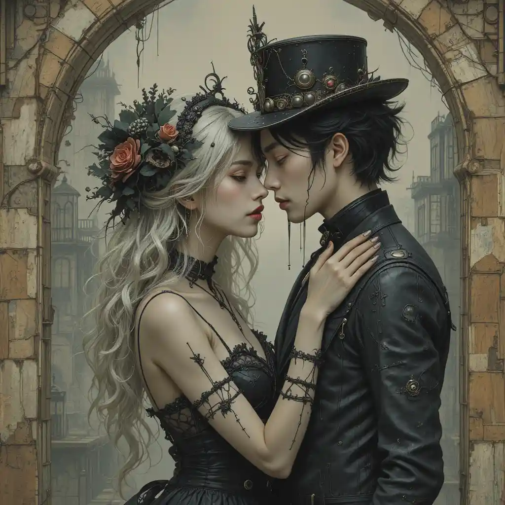 Romantic gothic couple in a surreal steampunk fantasy scene