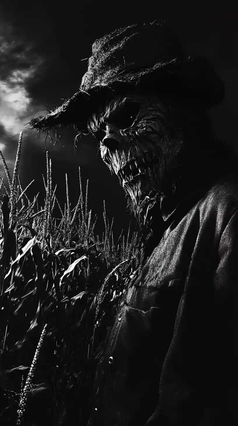 Espantapájaros siniestro al acecho en el borde de un maizal oscuro