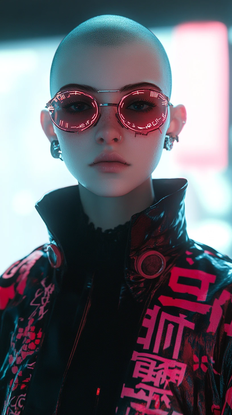 Ritratto di hacker androgino cyberpunk con audaci grafiche al neon