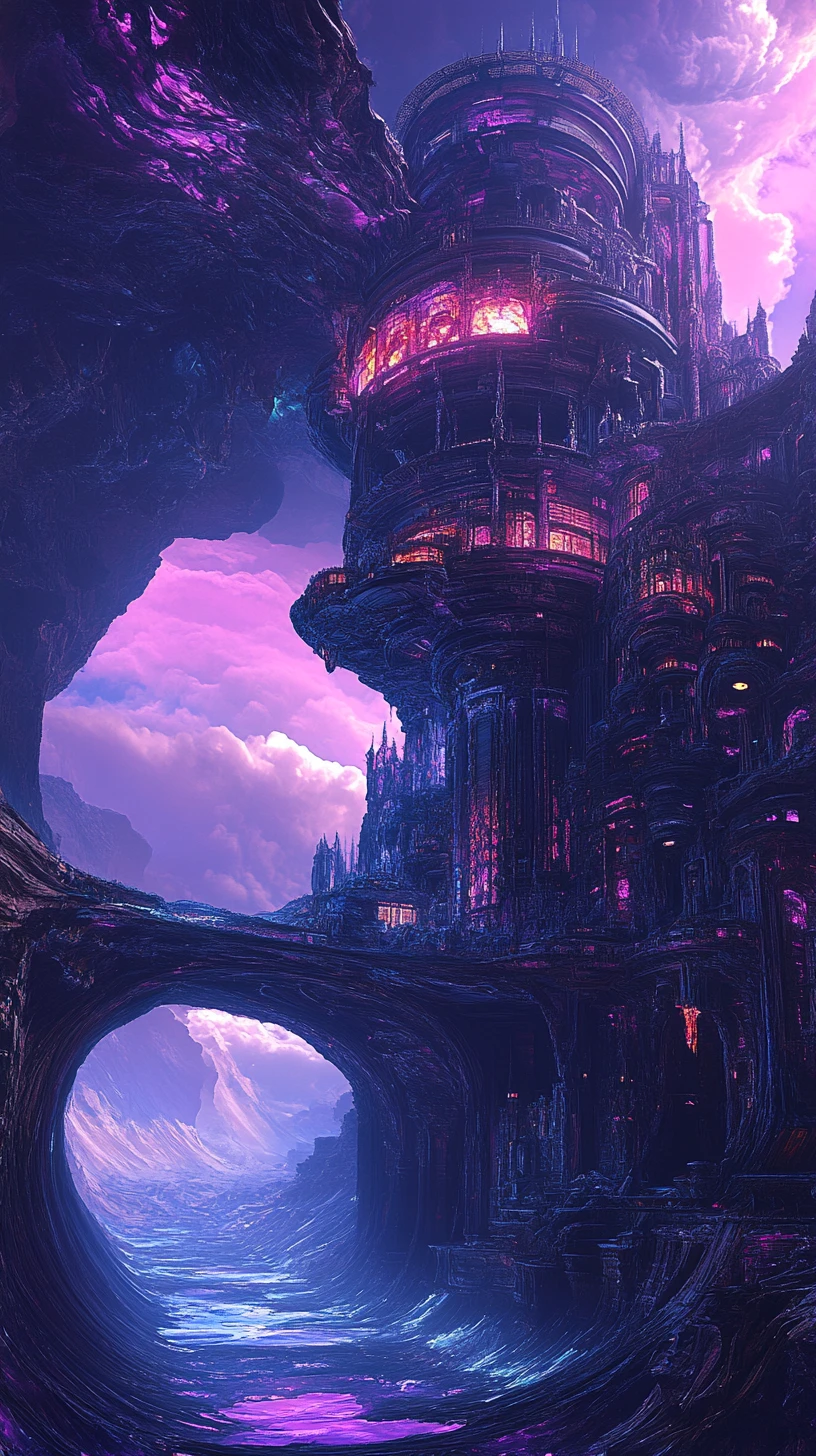 Casa surreal retorcendo-se por um reino impossível em looping
