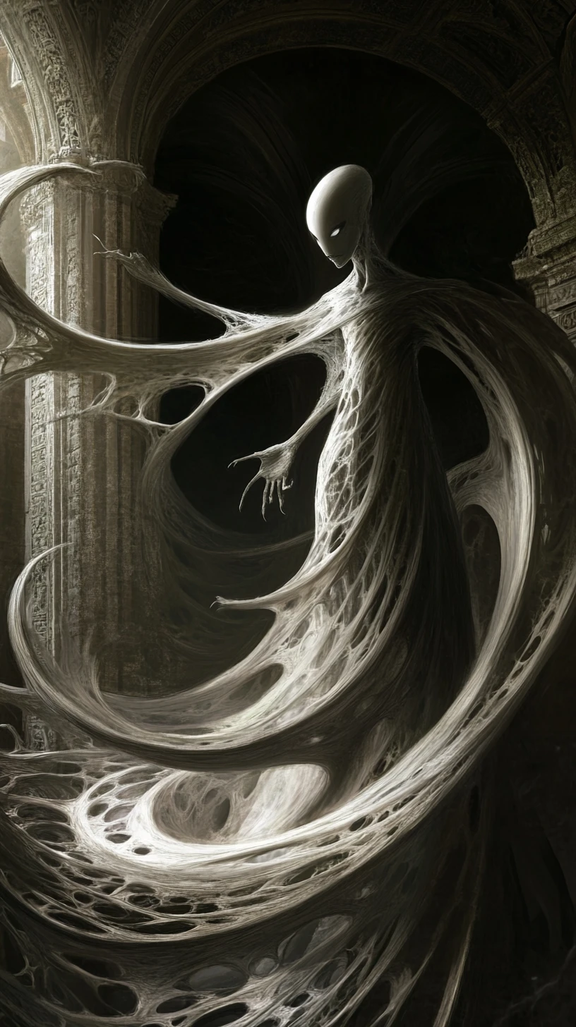 Surreal elongated figure twisting through a dreamlike realm