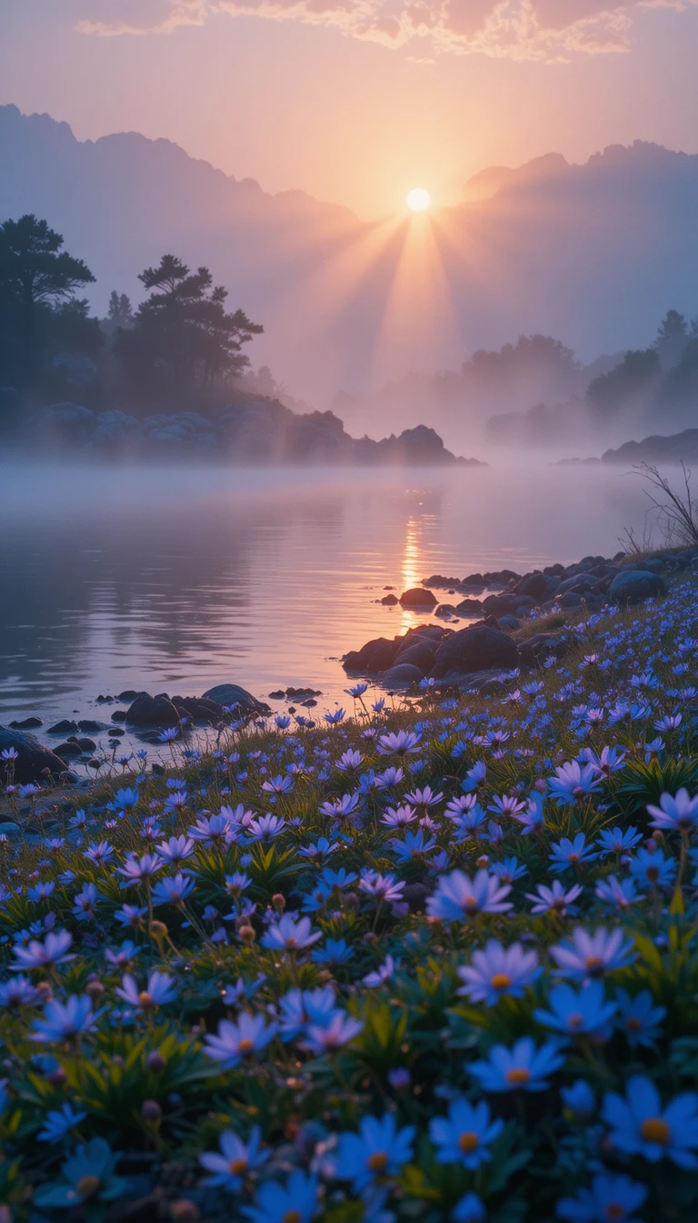 Flores rocosas junto al lago a la cálida luz neblinosa del atardecer