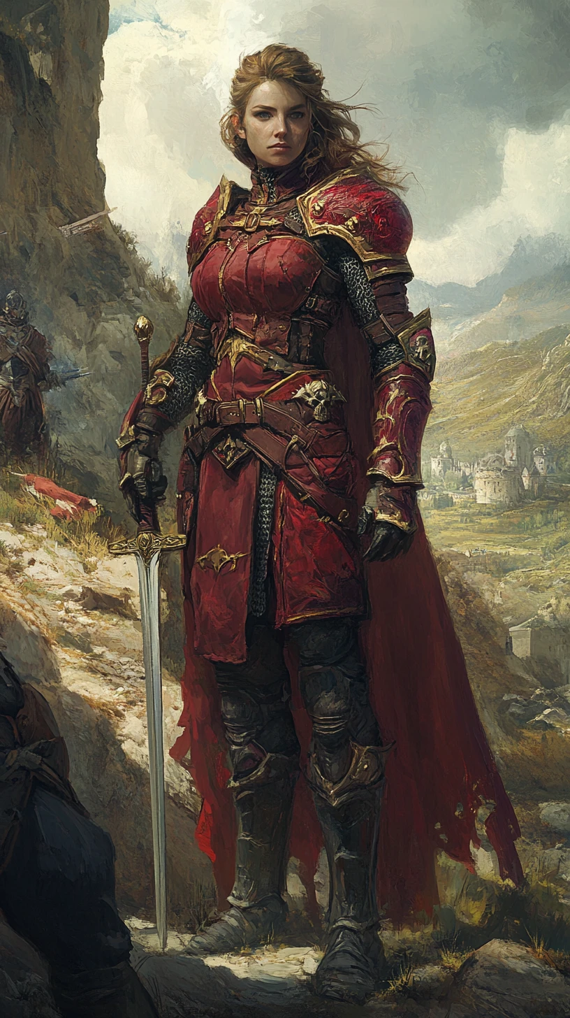 Guerrière en armure rouge dans un paysage de fantasy médiévale