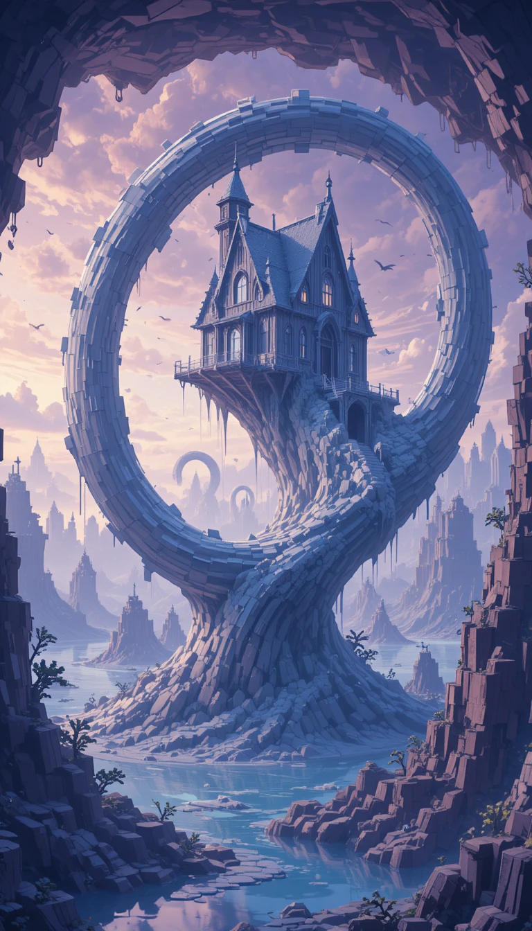 Casa surreal e retorcida em um reino onírico em looping
